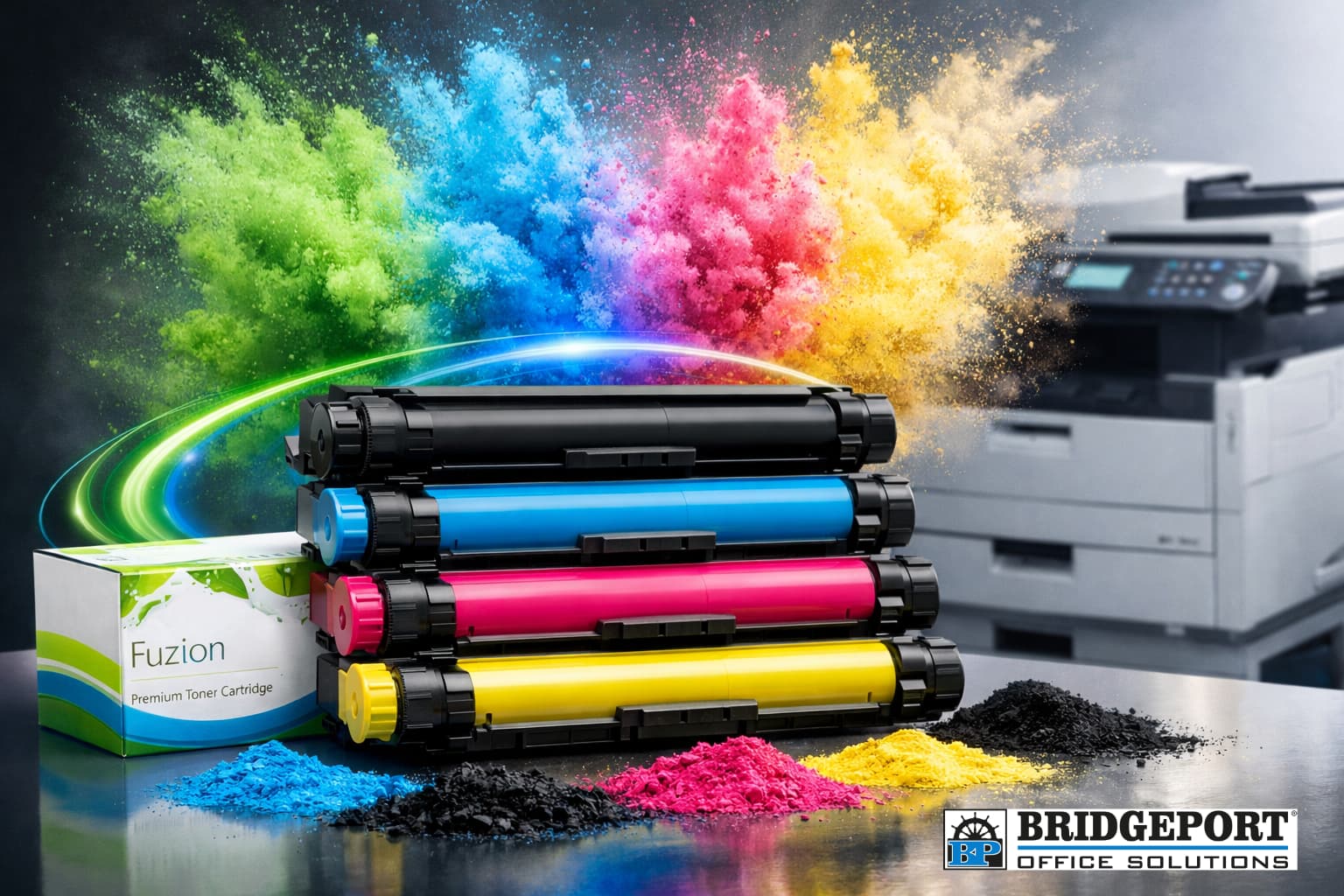 Aftermarket Fuzion compatible toner cartridges with vibrant color performance for office printers